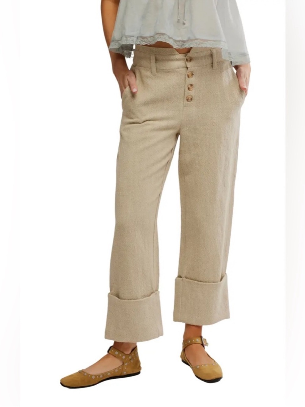 Free People Beige Linen Blend High-Rise Pants